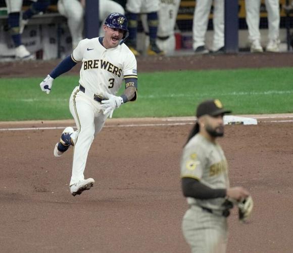 Milwaukee Brewers shortstop Joey Ortiz (3) tours the bases after hitting a solo home run off Padres pitcher Matt Waldron during the third inning Tuesday, May 12 at American Family Field.