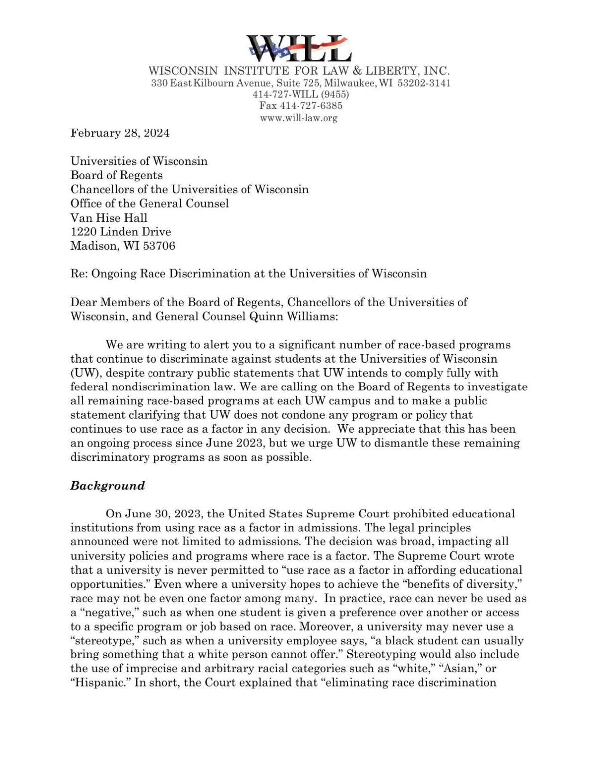 WILL Feb. 28 UW letter