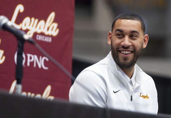 Former Loyola assistant men's basketball coach Drew Valentine, who will succeed Porter Moser, appears at his introductory press conference on April 6, 2021.
