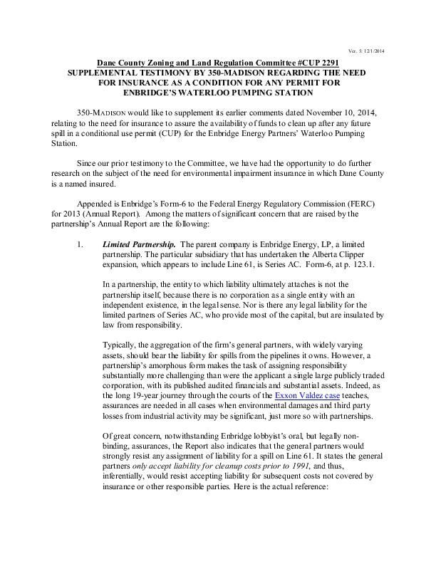 Madison 350 testimony on Enbridge spill insurance