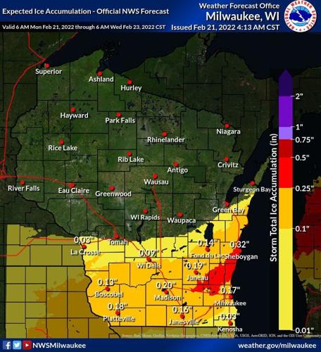 Expected ice accumulation by National Weather Service