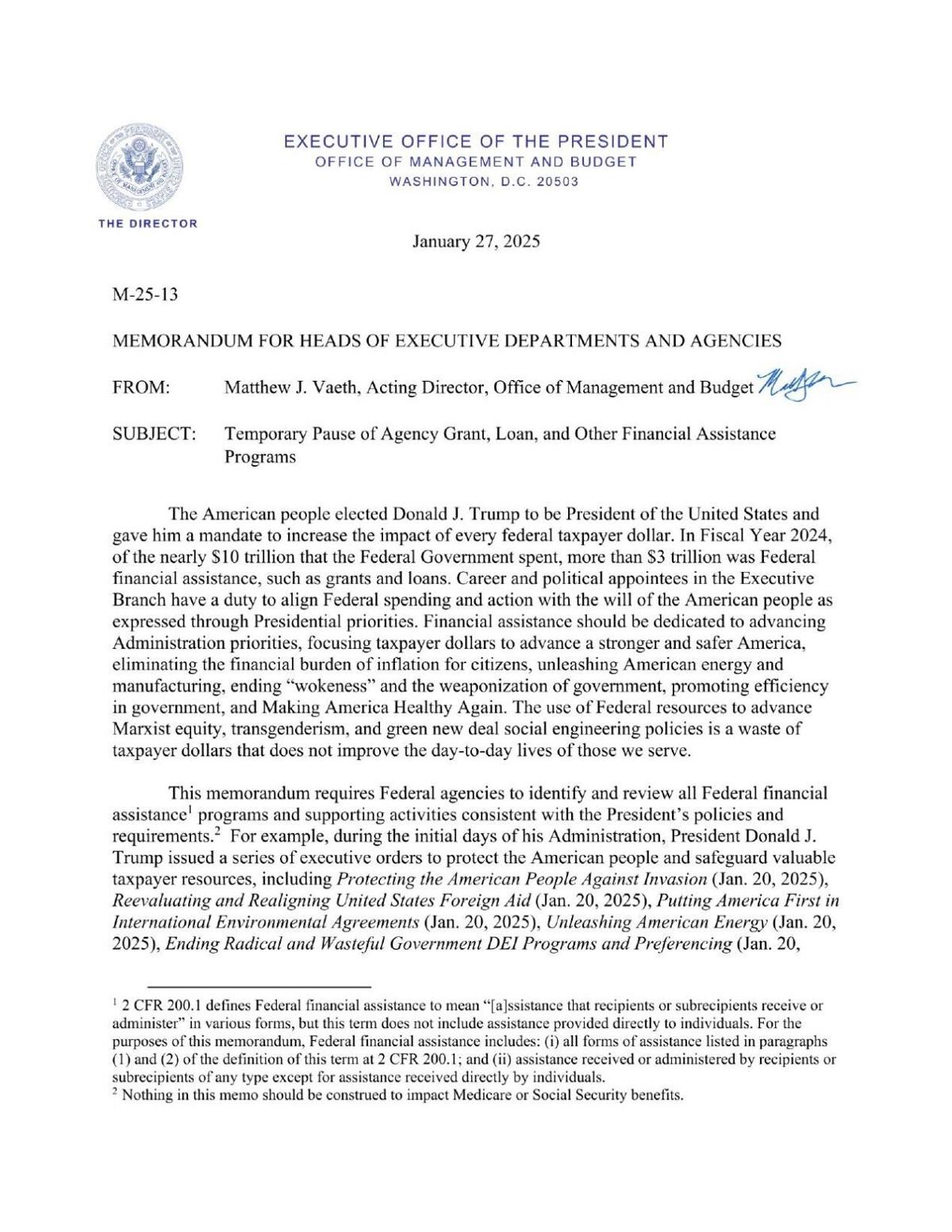 Read the OMB memo freezing federal grants