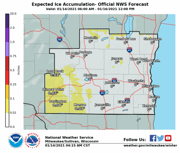 Expected ice accumulation by National Weather Service