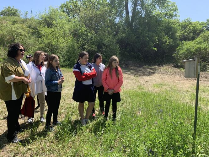 St. Francis de Sales students spot a bird in one of the birdhouses at the Four Seasons Nature Preserve