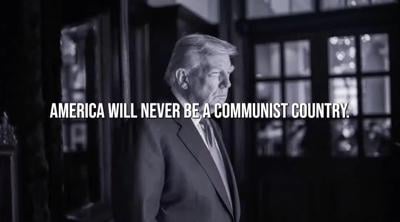 President Donald Trump is depicted in this screengrab taken from a White House video. The administration is using public dollars to pay for a television ad that features Trump urging Americans to "defeat communism," while touting his economic record and pe