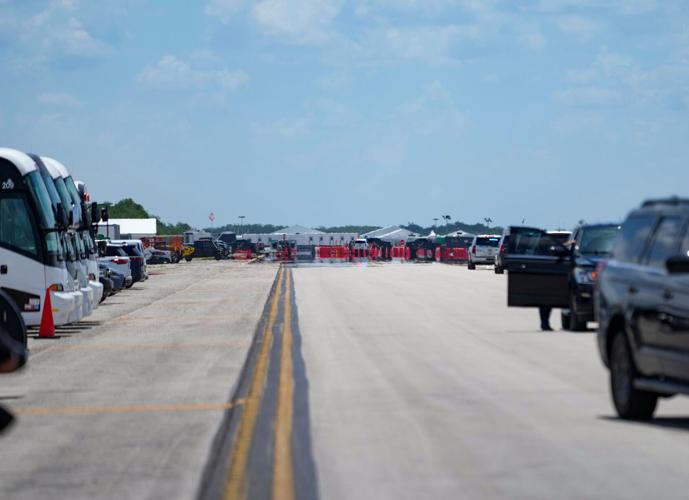 Tents and other structures are seen in the distance after Governor Ron DeSantis held a press conference with White House Border