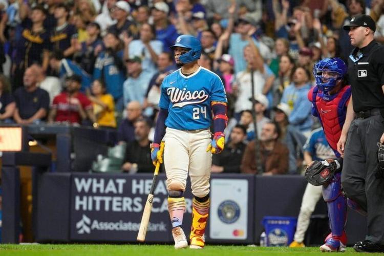 Jun 26, 2026; Milwaukee, Wisconsin, USA; Milwaukee Brewers catcher William Contreras (24) watches his home run against the Chicago Cubs in the seventh inning at American Family Field. Mandatory Credit: Michael McLoone-Imagn Images