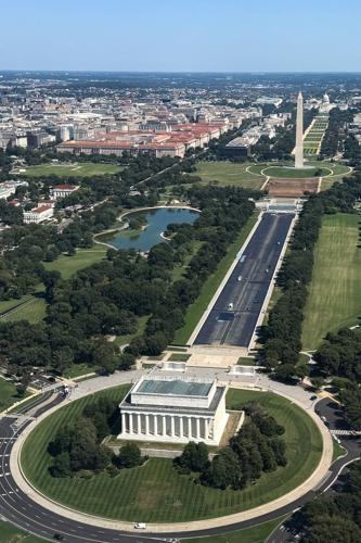 An aerial view of the National Mall and Lincoln Memorial Reflecting Pool in Washington