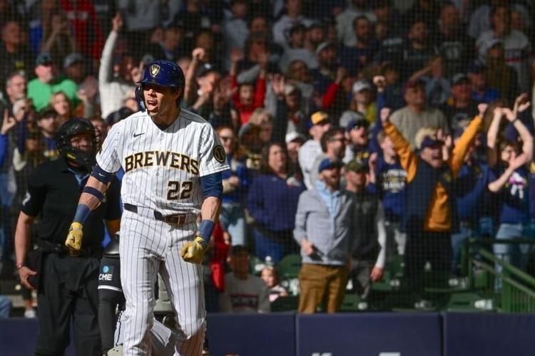 Mar 29, 2026; Milwaukee, Wisconsin, USA; Milwaukee Brewers designated hitter Christian Yelich (22) reacts after hitting a three-run home run in the eighth inning against the Chicago White Sox at American Family Field. Mandatory Credit: Benny Sieu-Imagn ...
