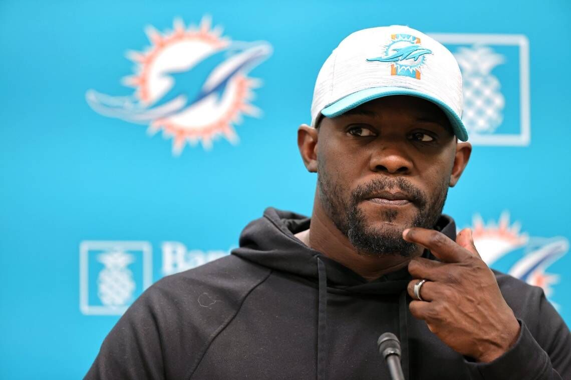 Miami Dolphins head coach Brian Flores talks to the media before practice at Baptist Health Training Complex in Hard Rock Stadium on Wednesday, Oct. 20, 2021 in Miami Gardens, Florida, in preparation for their game against the Atlanta Falcons at Hard Ro...