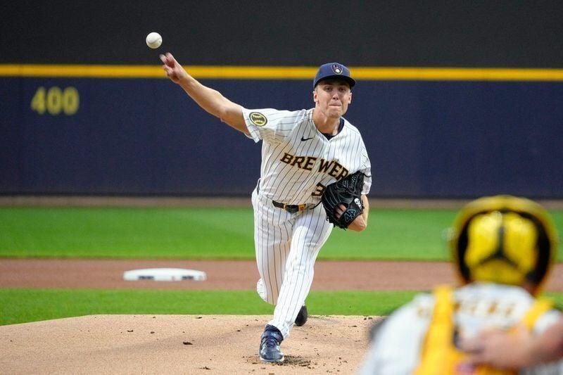 Aug 9, 2026; Milwaukee, Wisconsin, USA; Milwaukee Brewers starting pitcher Jacob Misiorowski (32) delivers a pitch against the Minnesota Twins in the first inning at American Family Field. Mandatory Credit: Michael McLoone-Imagn Images