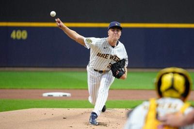 Aug 9, 2026; Milwaukee, Wisconsin, USA; Milwaukee Brewers starting pitcher Jacob Misiorowski (32) delivers a pitch against the Minnesota Twins in the first inning at American Family Field. Mandatory Credit: Michael McLoone-Imagn Images