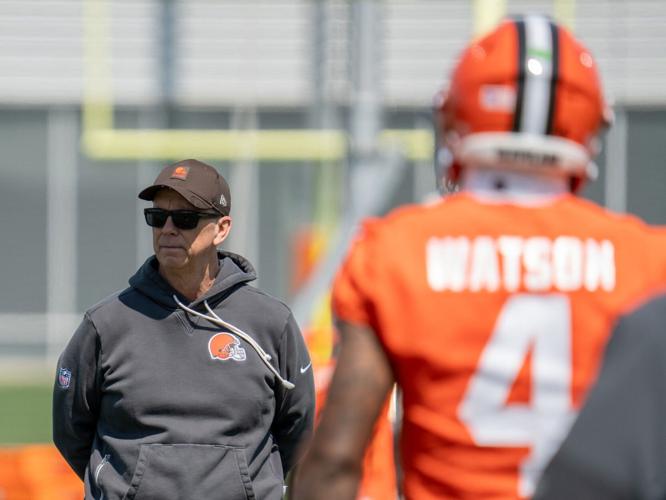 Coach Todd Monken watches quarterbacks practice, including Deshaun Watson, at the Browns mini camp in Berea on April 21, 2026.