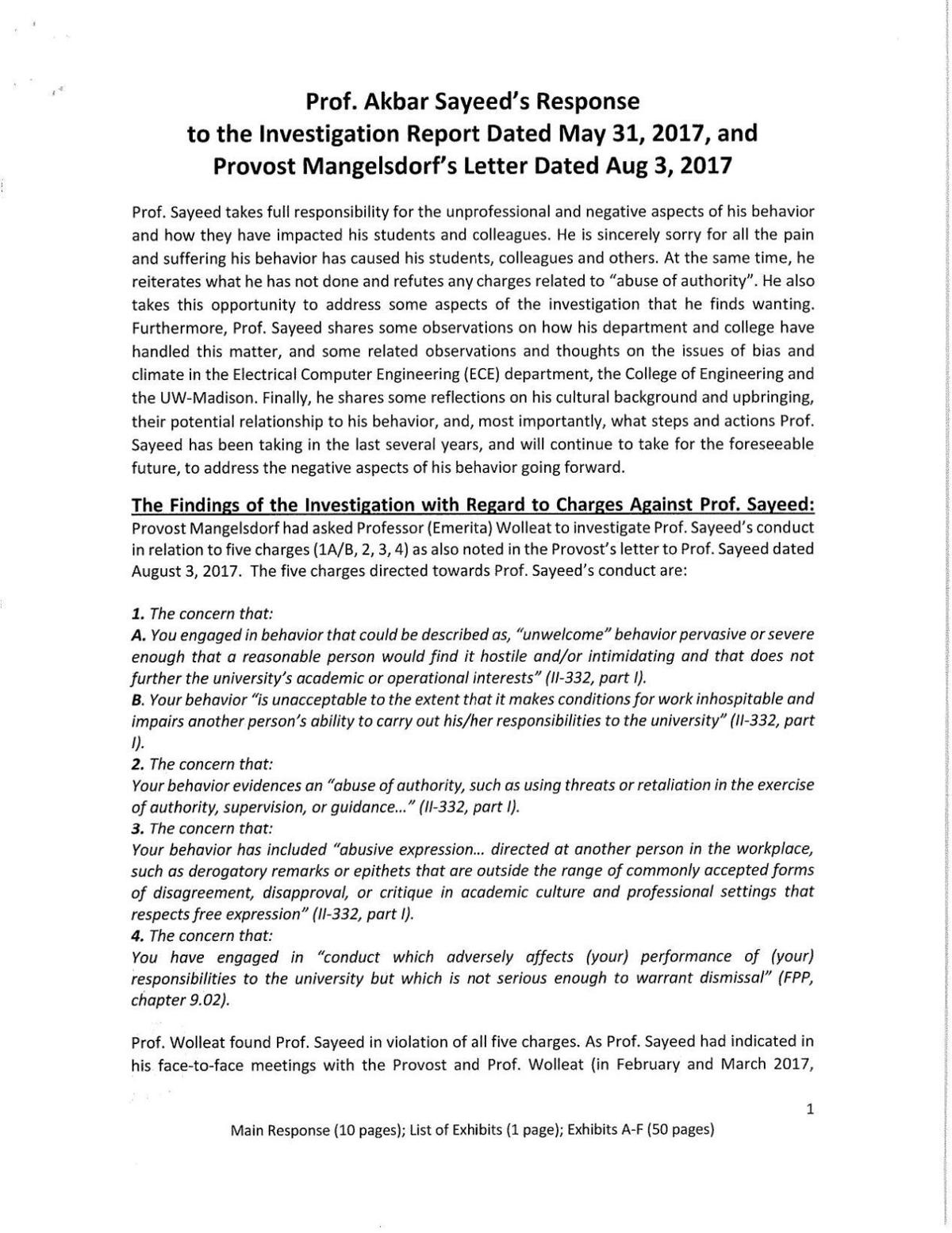 Dr. Akbar Sayeed's Response to UW-Madison Report