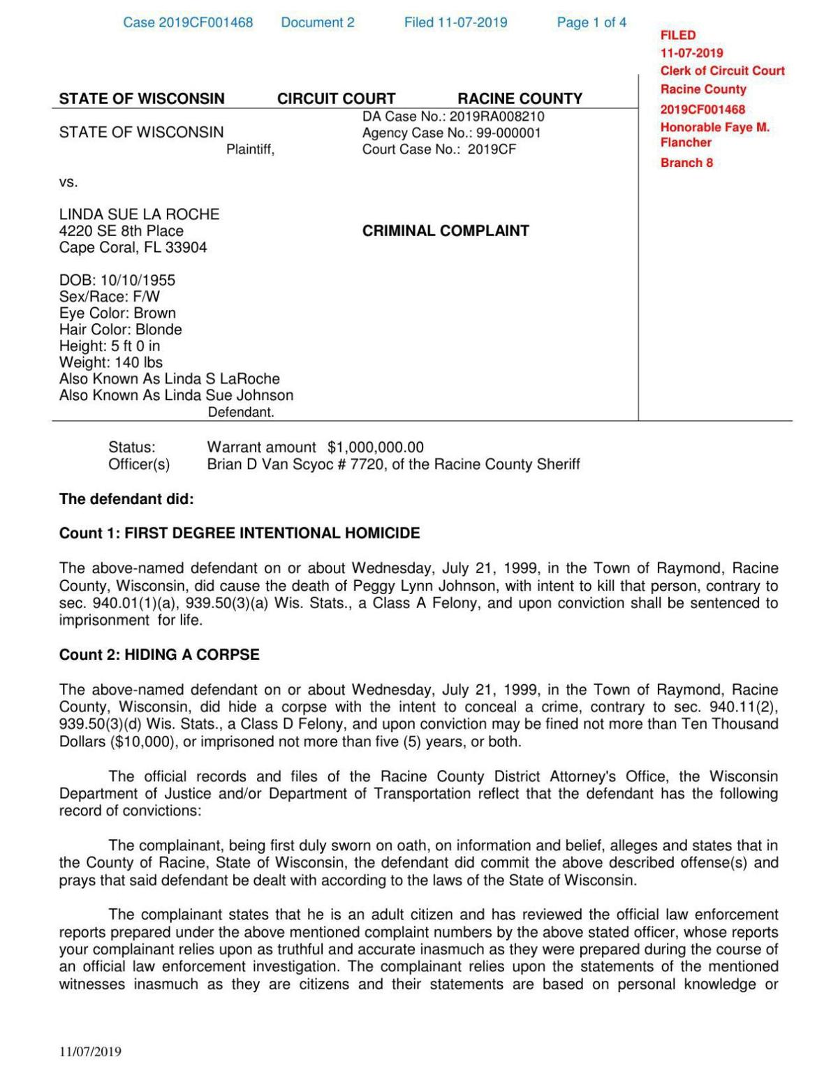 Linda La Roche criminal complaint