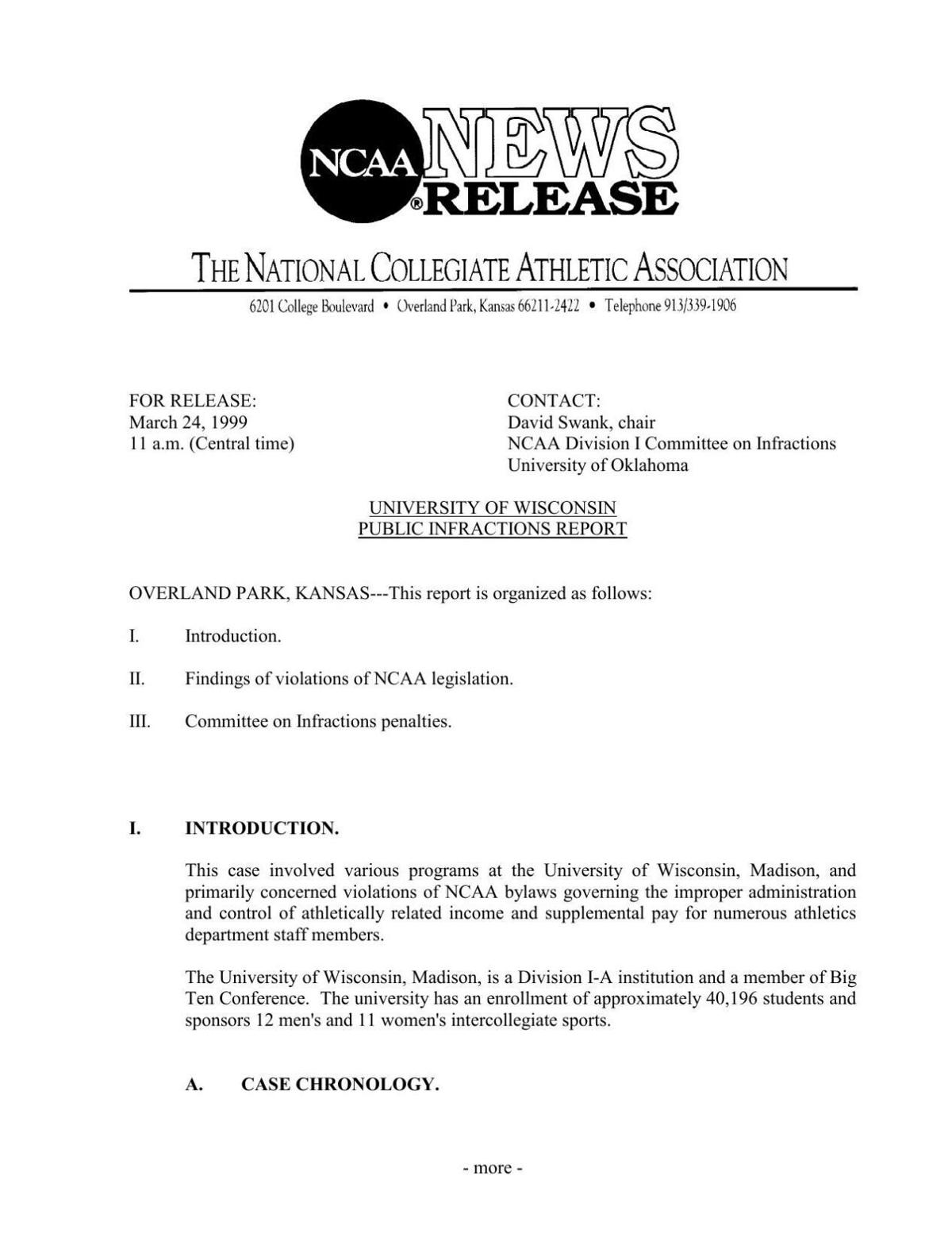 Wisconsin NCAA violation report, March 24, 1999