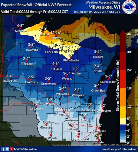 State snowfall forecast by National Weather Service