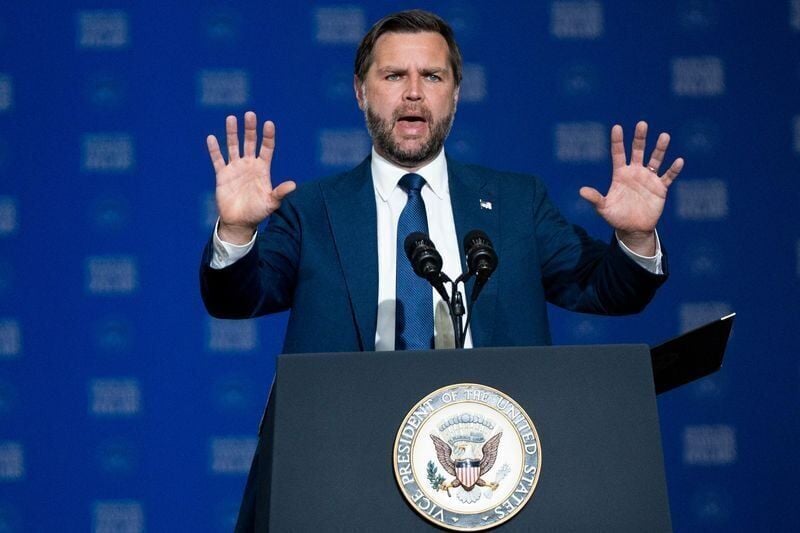 Vice President JD Vance takes the stage to talk about fraud and its effects on taxpayers while visiting the Wisconsin Air National Guard’s 128th Air Refueling Wing on July 8, 2026 in Milwaukee, Wisconsin.
