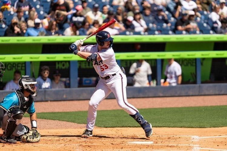 Luke Adams prepares to swing for the Nashville Sounds during the 2026 season. The third-base prospect missed most of the early season with a wrist injury.