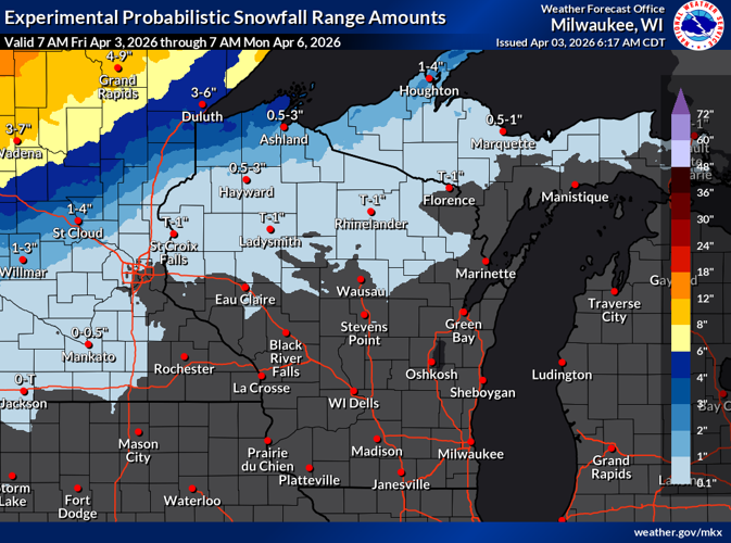 NWS expected snowfall 4-3-26