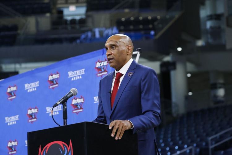Tony Stubblefield addresses the media after he was introduced as the new DePaul men's basketball coach on April 7, 2021, at Wintrust Arena in Chicago.