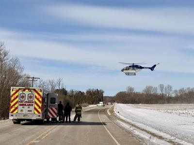 MedFlight landing on Highway 106, Fort Atkinson Fire Department photo