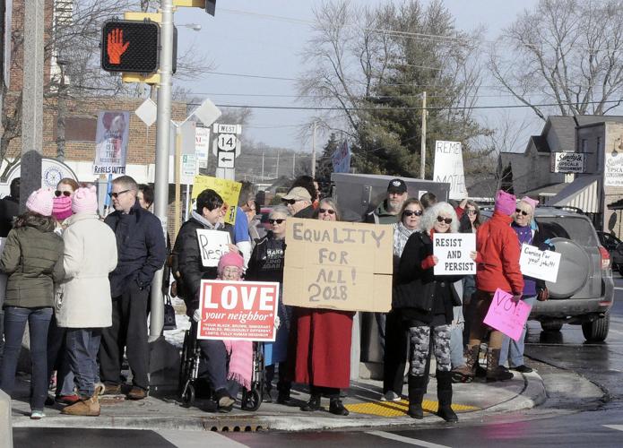 Marchers in Heyer Park on the village square