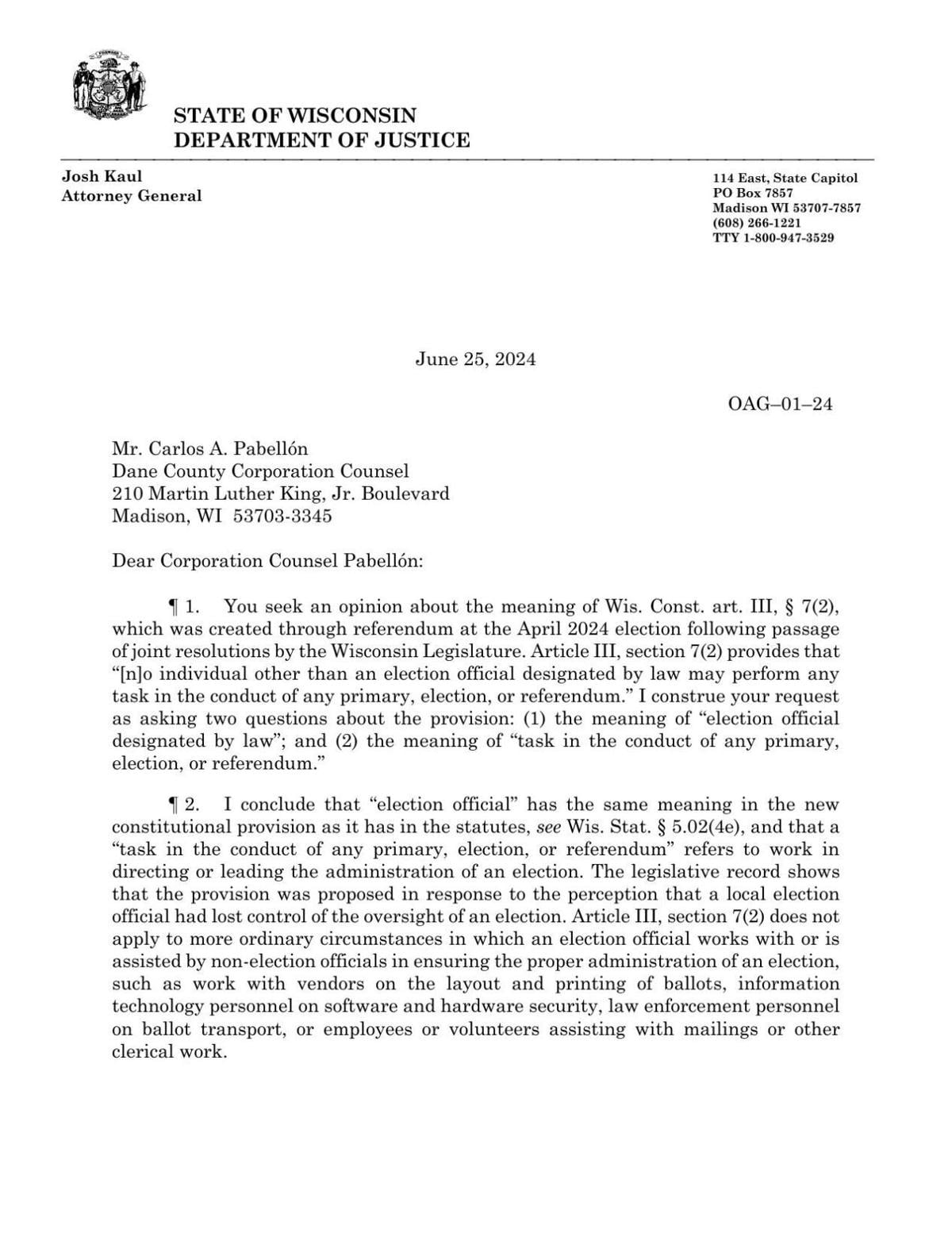 AG Josh Kaul's opinion