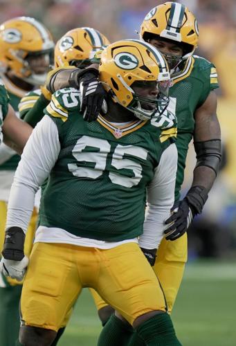 Green Bay Packers defensive tackle Devonte Wyatt (95) celebrates his sack of Detroit Lions quarterback Jared Goff during the fourth quarter of their game Sunday, September 7, 2025 at Lambeau Field in Green Bay, Wisconsin.