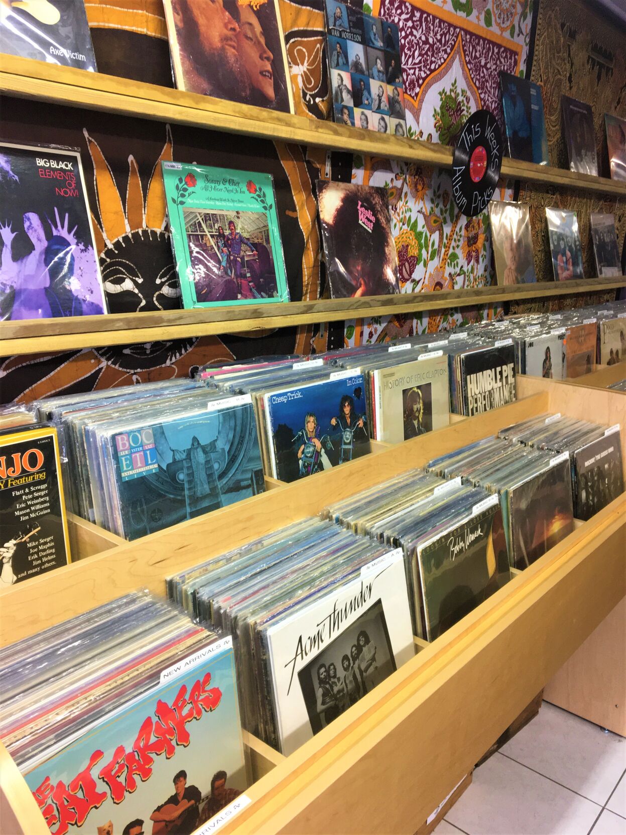 Vintage vinyl record albums on display at Black Circle Records, Lake Geneva
