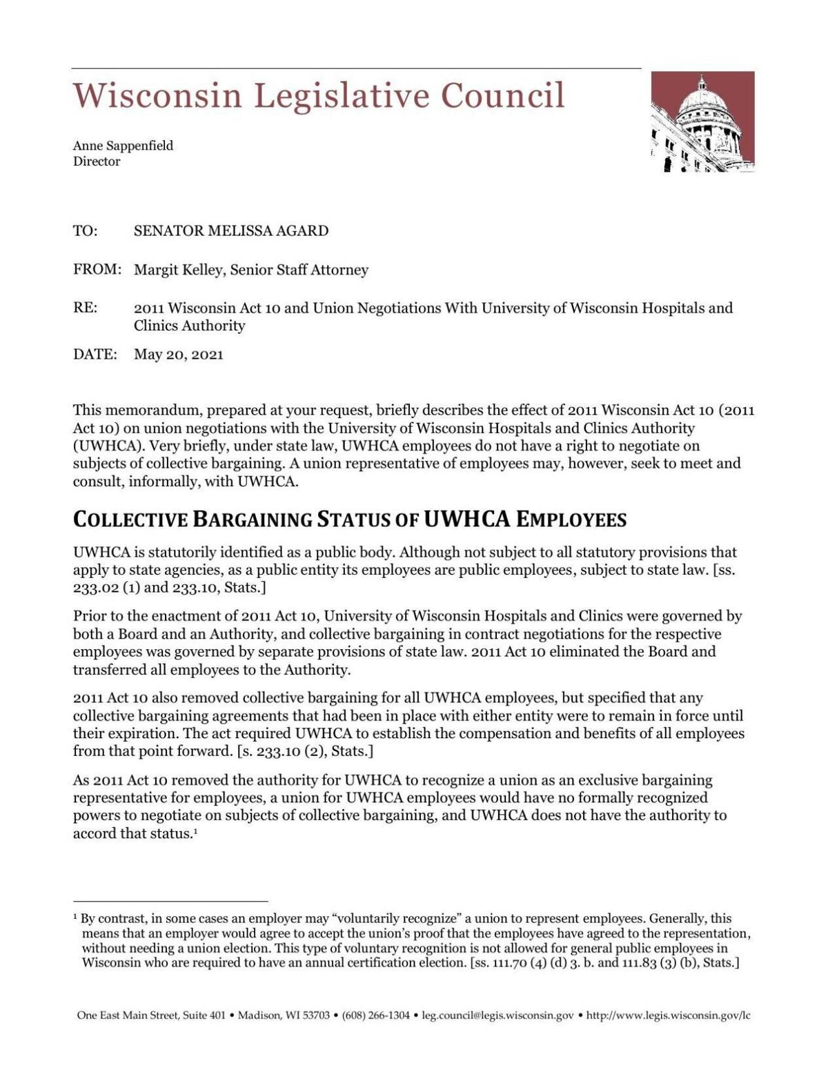 Wisconsin Legislative Council memo May 20, 2021