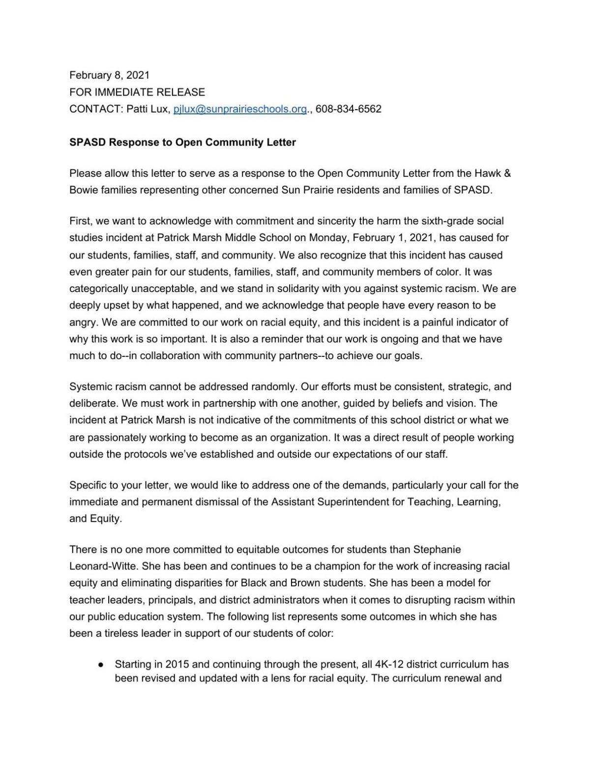 Sun Prairie School District response to open letter, Feb. 8, 2021