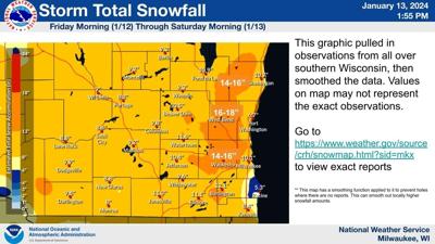 Southern Wisconsin snow totals Friday through Saturday morning, NWS photo 1-13-24