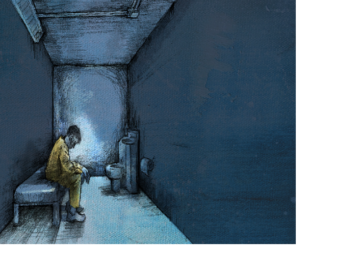 Man in solitary confinement cell illustration