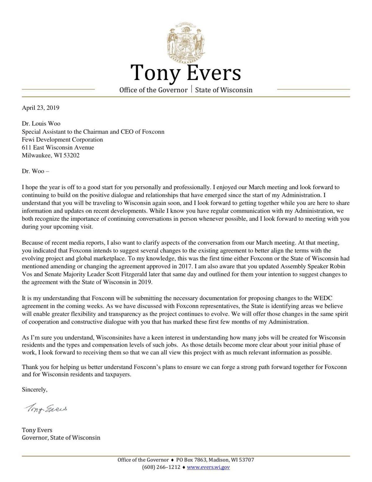 Evers Foxconn letter to Louis Woo