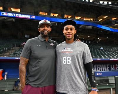 PHOENIX, AZ - JUNE 17: CC Sabathia and Carsten Sabathia pose for a photo during the 2025 Draft Combine at Chase Field on Tuesday, June 17, 2025 in Phoenix, Arizona. (Photo by Jill Weisleder/MLB Photos via Getty Images)