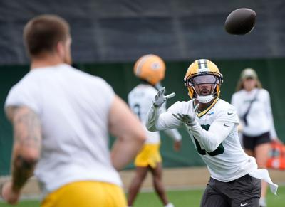 Green Bay Packers Bo Melton (16) participates in mandatory minicamp Thursday, June 11, 2026, at the Don Hutson Center in Green