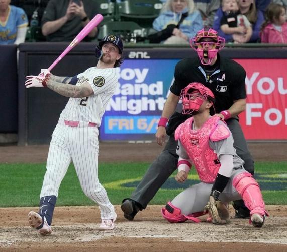 Milwaukee Brewers second baseman Brice Turang (2) hits a walk off home run during the ninth inning of their game against the New York Yankees Sunday, May 10, 2026 at American Family Field in Milwaukee, Wisconsin. The Milwaukee Brewers beat the New York ...