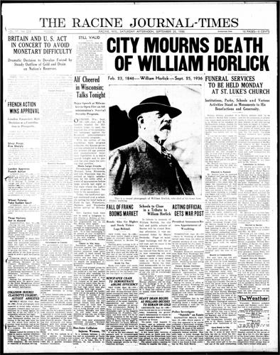 Racine Journal Times - Death of William Horlick