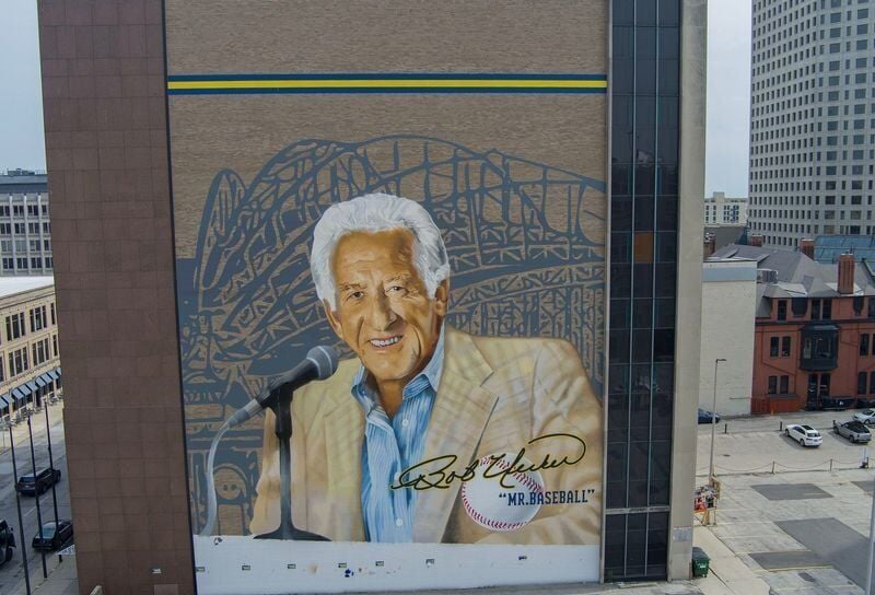 Work appears to be nearly completed on an 80-foot-by-100-foot mural featuring former Milwaukee Brewers announcer Bob Uecker on the north facade of the Wintrust Financial Center at 731 N. Jackson St. in downtown Milwaukee, Wisconsin on June 8, 2026. The ...
