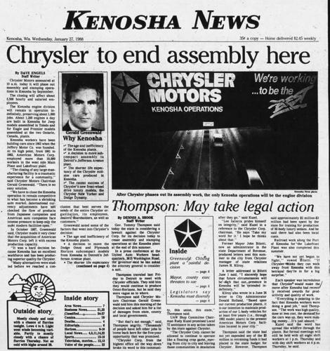 Kenosha News 1988: Chrysler announces assembly plant will close