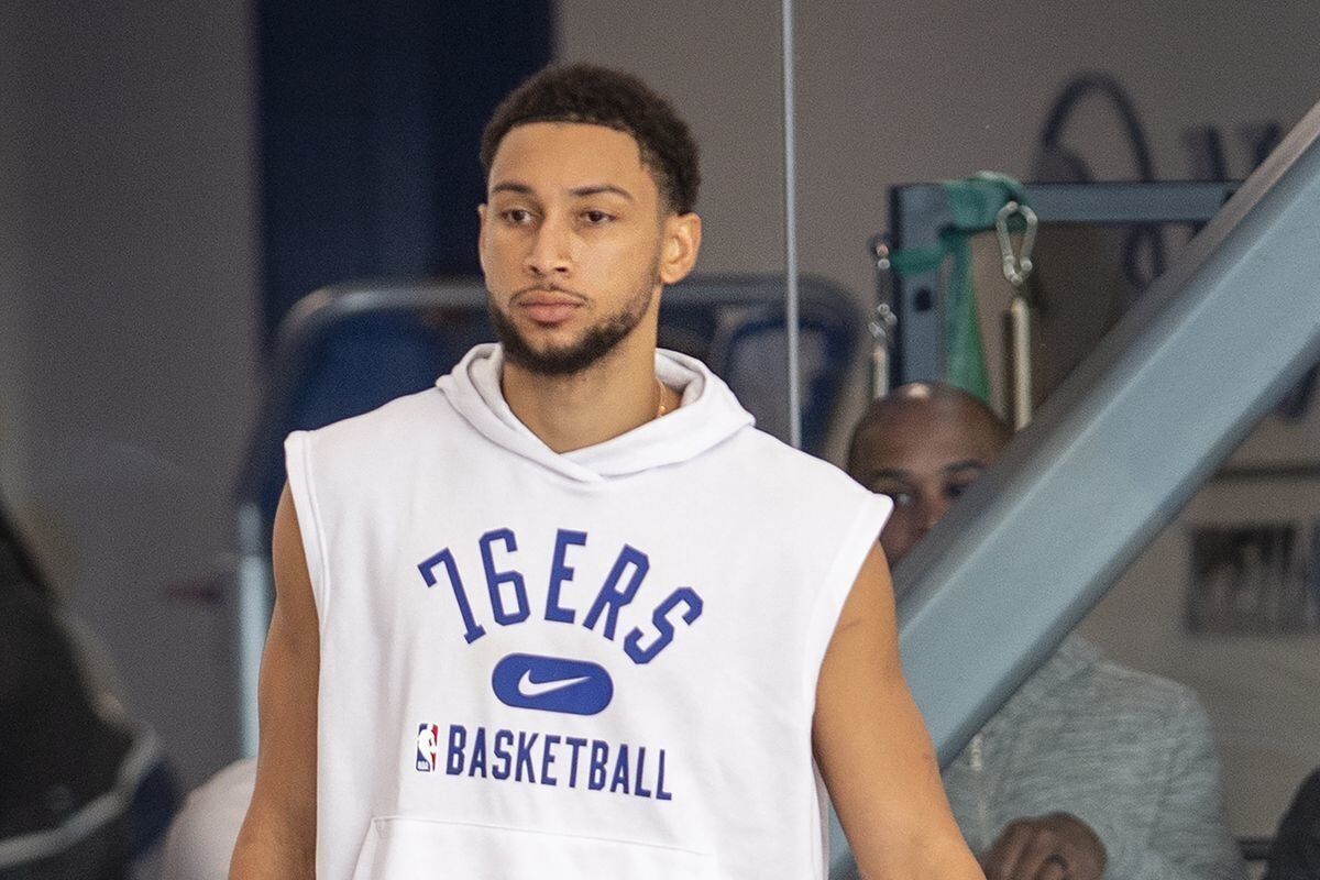 Philadelphia 76 ers star Ben Simmons looks on during practice on Oct. 18, 2021.