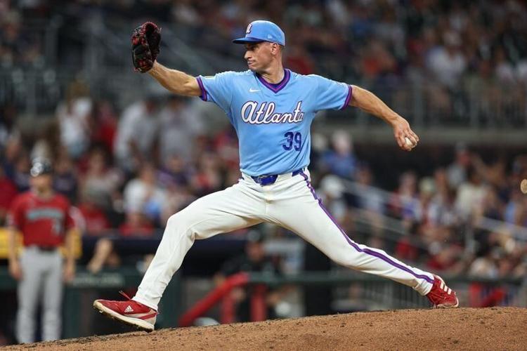 Aug 15, 2026; Cumberland, Georgia, USA; Atlanta Braves pitcher Brent Suter (39) throws against the Arizona Diamondbacks in the eighth inning at Truist Park. Mandatory Credit: Colin Hubbard-Imagn Images