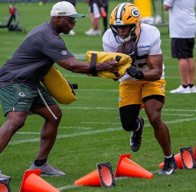 Green Bay Packers running back MarShawn Lloyd (32) runs through a drill during practice on Friday, July 31, 2026, at Ray