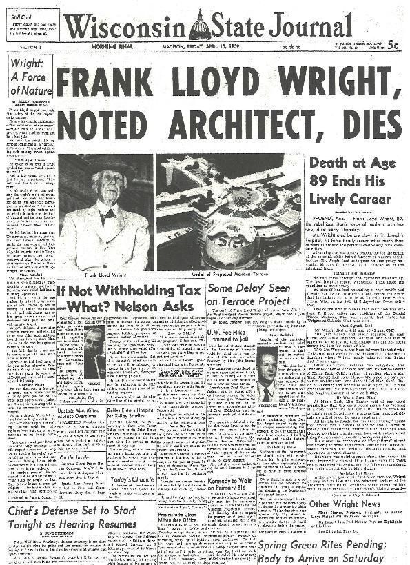 Death of Frank Lloyd Wright