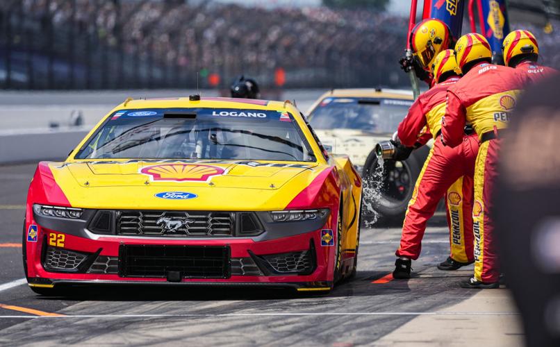 NASCAR Cup Series driver Joey Logano (22) makes a pit stop on Sunday, July 26, 2026, during the Brickyard 400 at Indianapolis Motor Speedway.