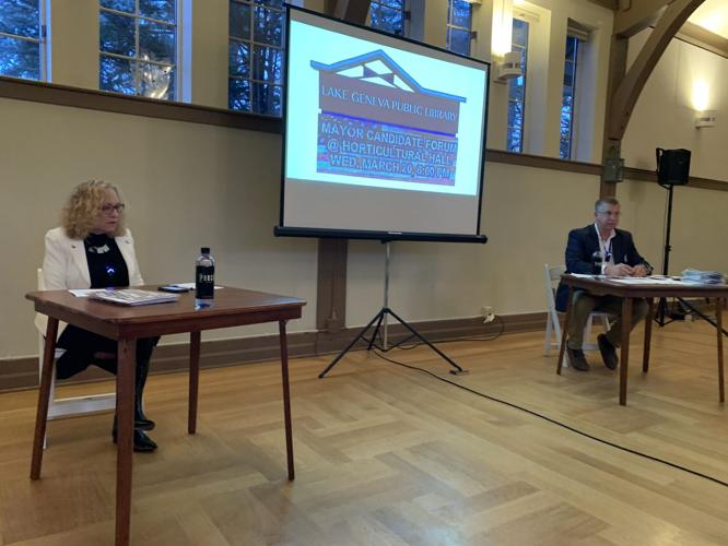 Mayor Charlene Klein and her opponent Todd Krause answer questions during a candidates forum