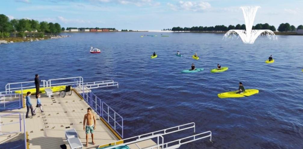 New city image of Echo Lake restoration scenario with a fountain and deck