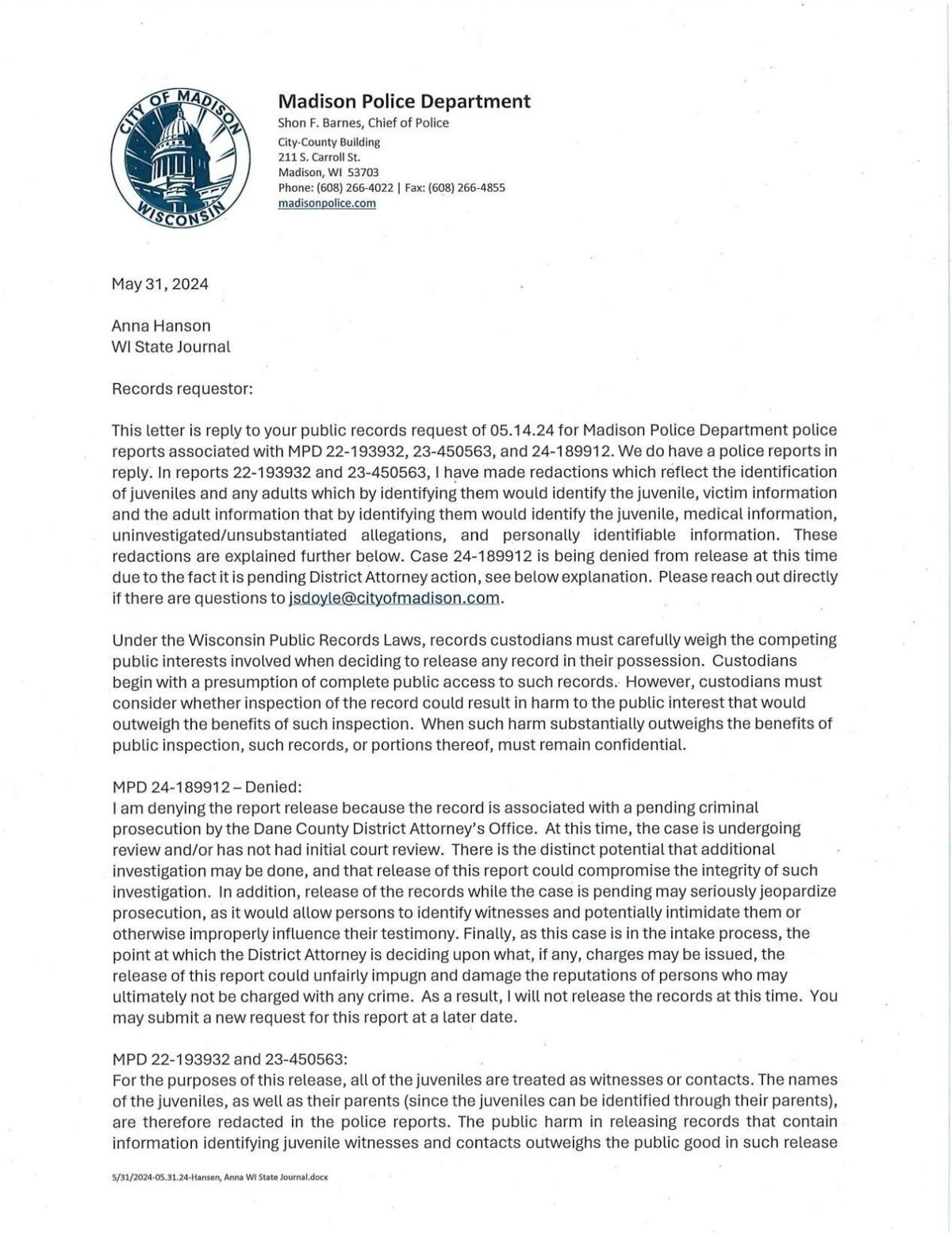 Madison Police May 2024 reports