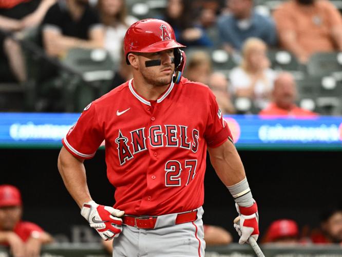 Los Angeles Angels center fielder Mike Trout looks over the field during the third inning against the Baltimore Orioles at Oriole Park at Camden Yards on Aug. 4, 2026.